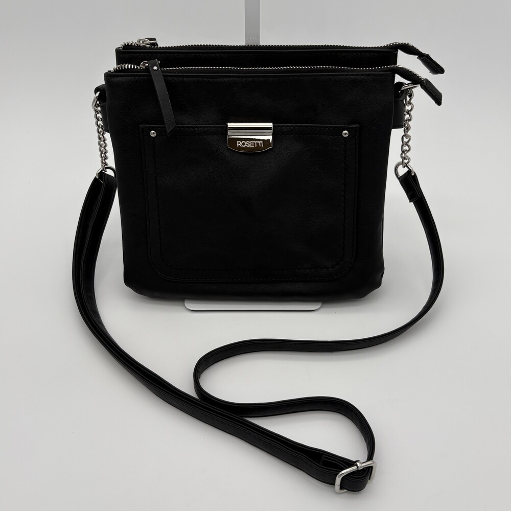 Rosetti Black Faux Leather Double Zip Multi Pocket Crossbody Handbag